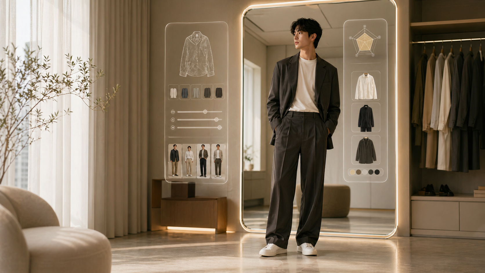AIFY onboarding 試衣間中男模完整穿搭與 StyleDNA 介面