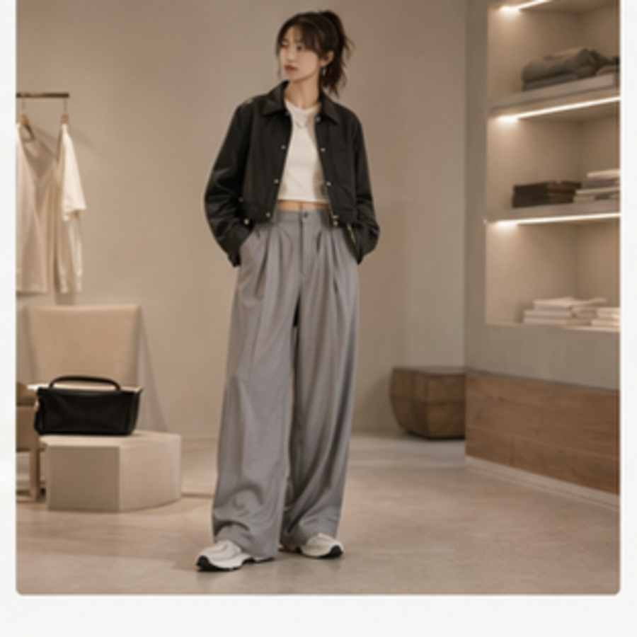 KD-13 韓系短版人格，女性穿著短版外套與垂墜寬褲