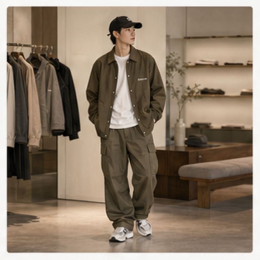 SC-03 街頭鬆弛人格，男性穿著教練外套與工裝寬褲